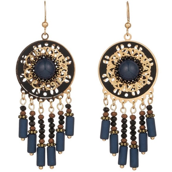 Boho Ethnic Beaded Stone Tassel Drop Earrings - Picture 2 of 2